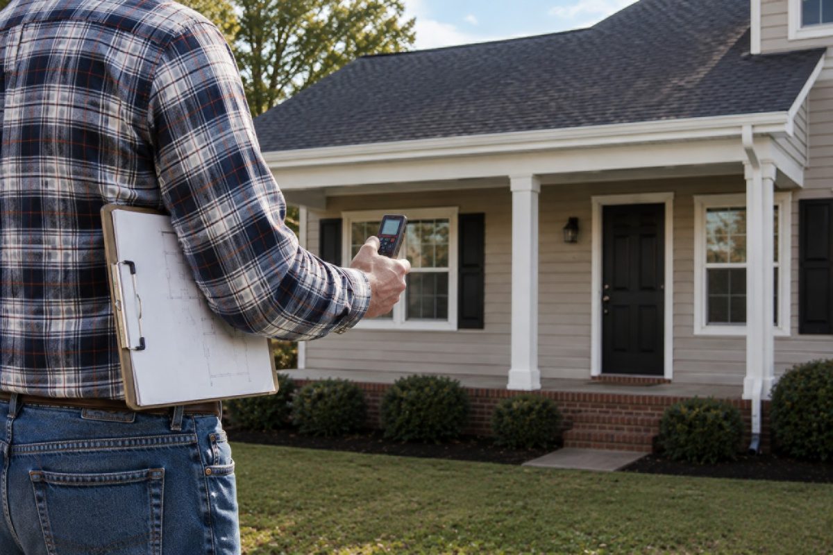 Certified Residential Appraiser measuring a single-family home during an inspection.